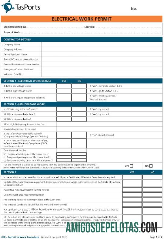 Permissão de Trabalho Elétrico TasPorts modelo